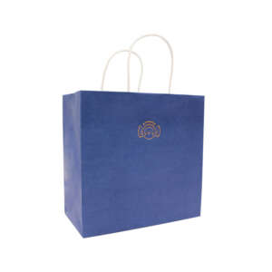 Fashionable blue color printing wide base hand length handle cloth packing bags