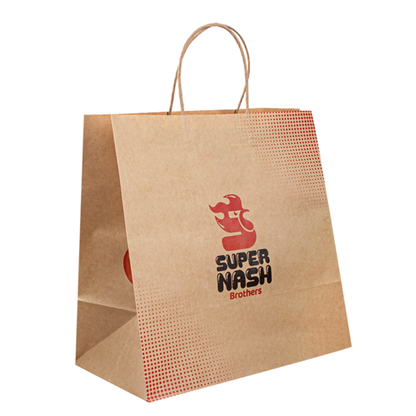 small brown paper bag with handle showing rope or flat handle options, printed logo and small bag sizing
