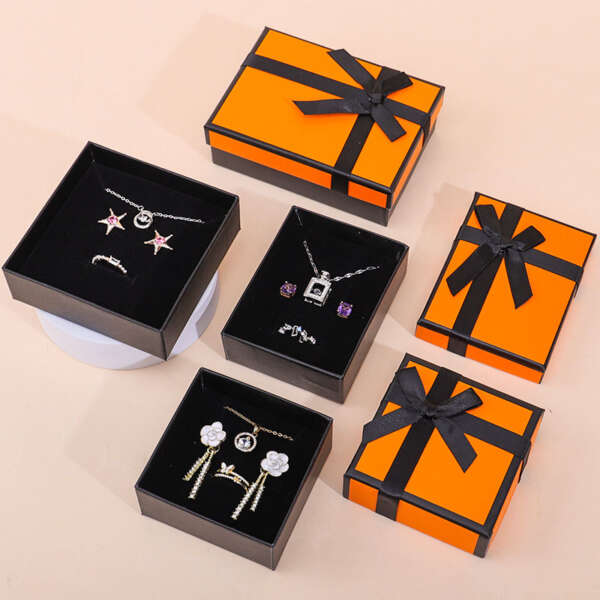 orange black cardboard jewelry set box for necklace earrings ring - front view