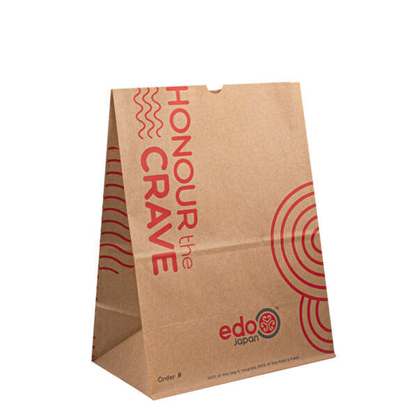 eco flat bottom kraft bread popcorn bag showing flat bottom, printed logo and handle-free food packaging style