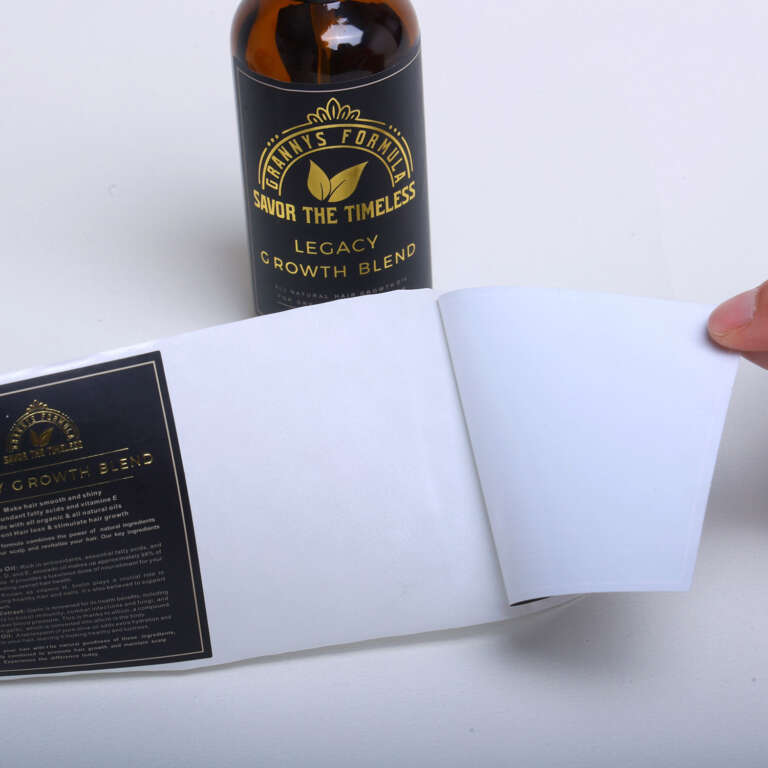 Biodegradable luxury packaging labels with printed logo and foil detail