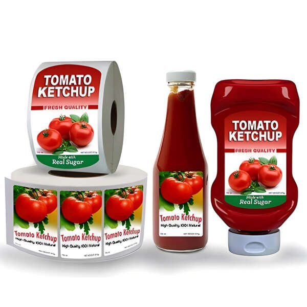 Printed ketchup bottle labels with ingredients panel